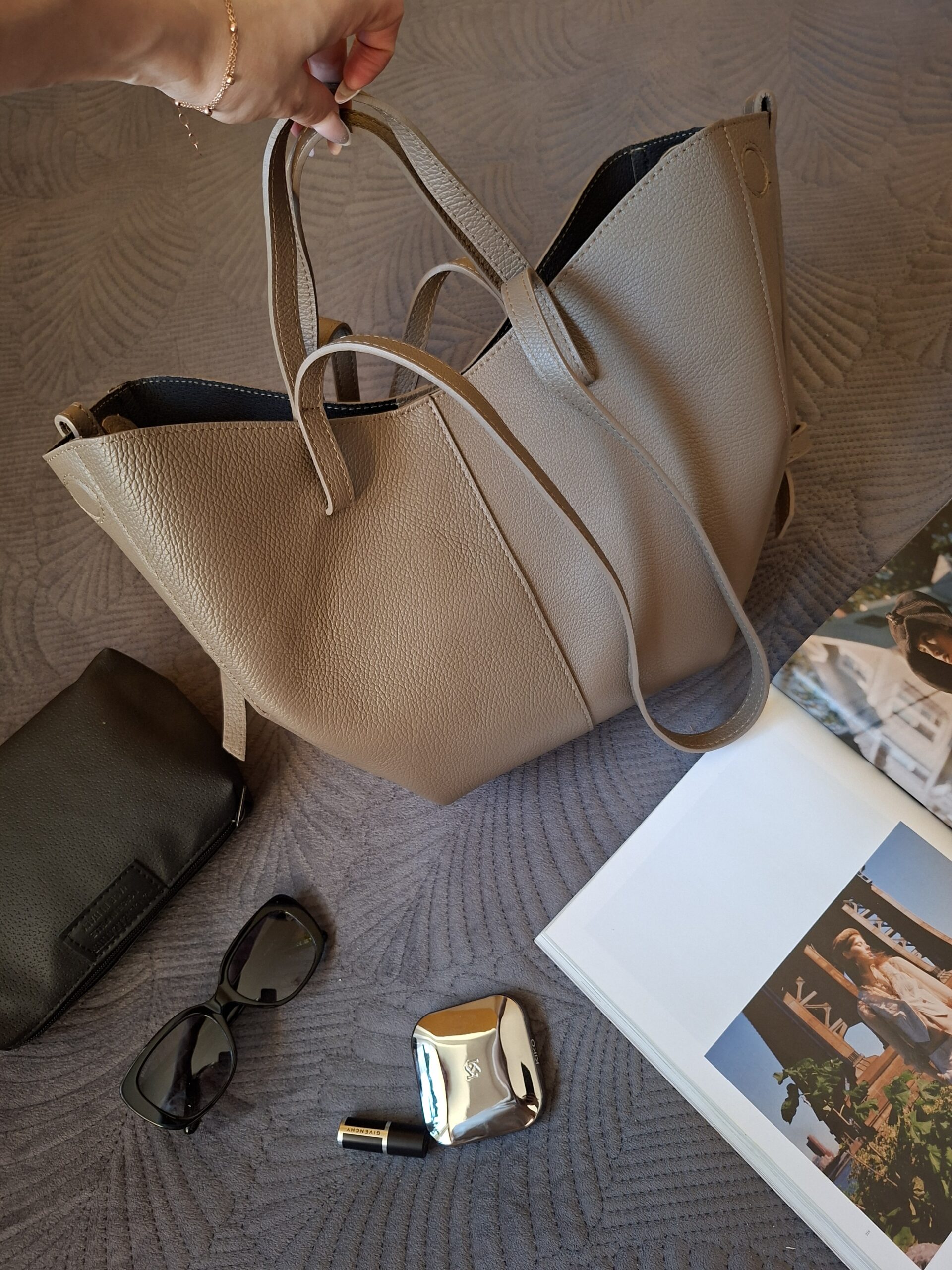 Torebka damska shopper Polli Magnet Midi skórzana - taupe (ciemny beż) - obrazek 6