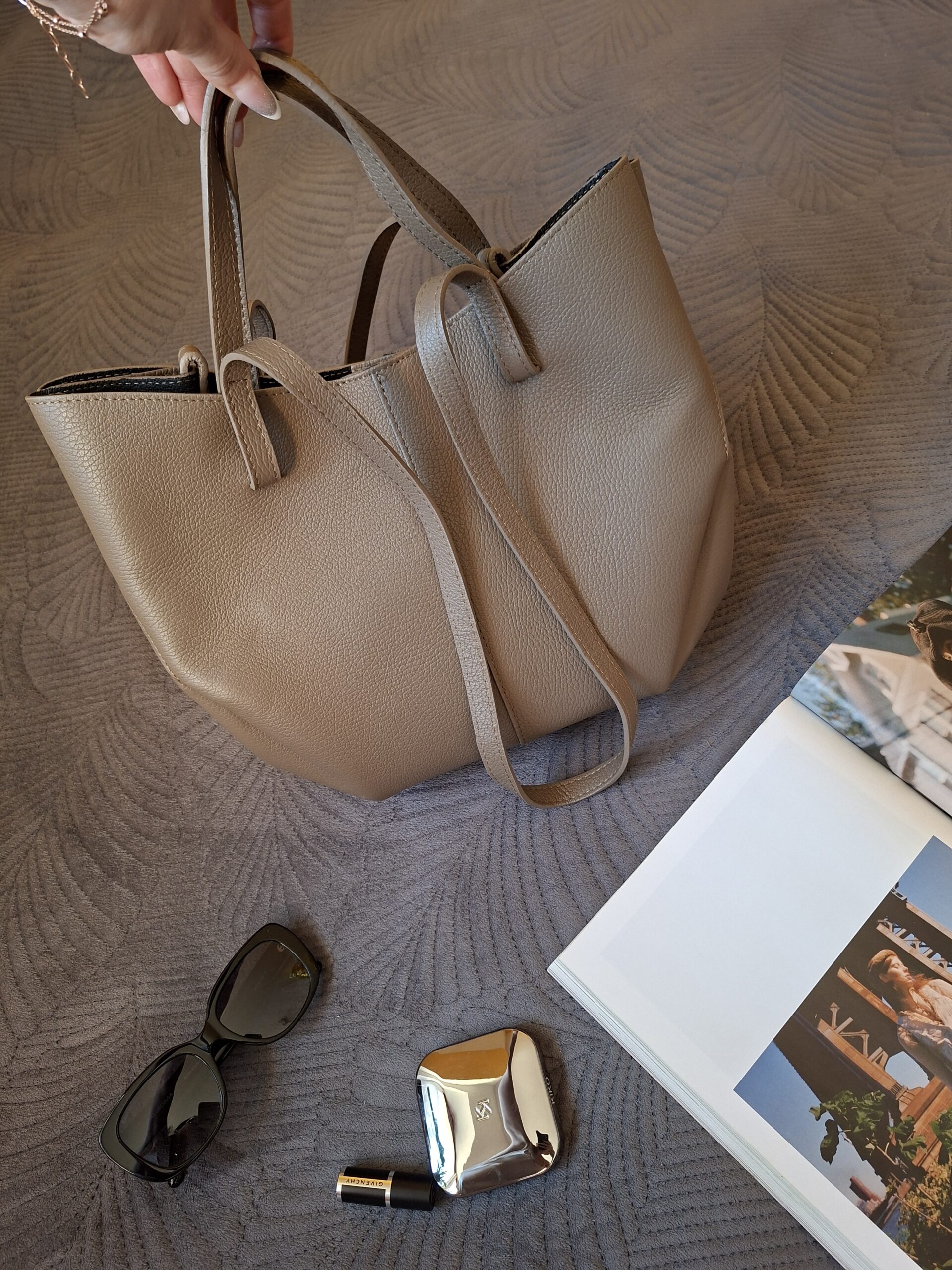 Torebka damska shopper Polli Magnet Midi skórzana - taupe (ciemny beż)