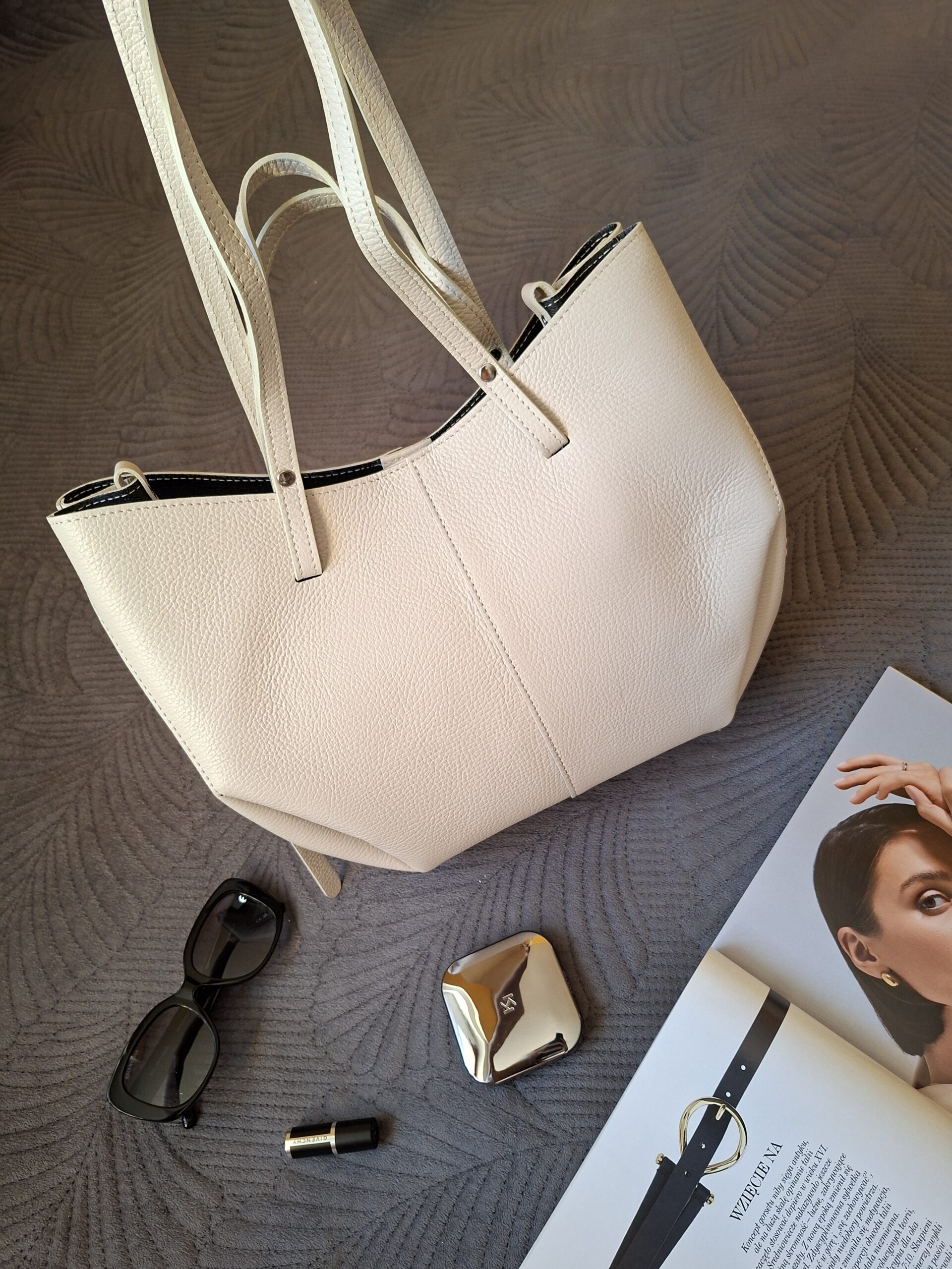 Torebka damska shopper Polli Snap Midi skórzana - ecru (kremowa) - obrazek 3