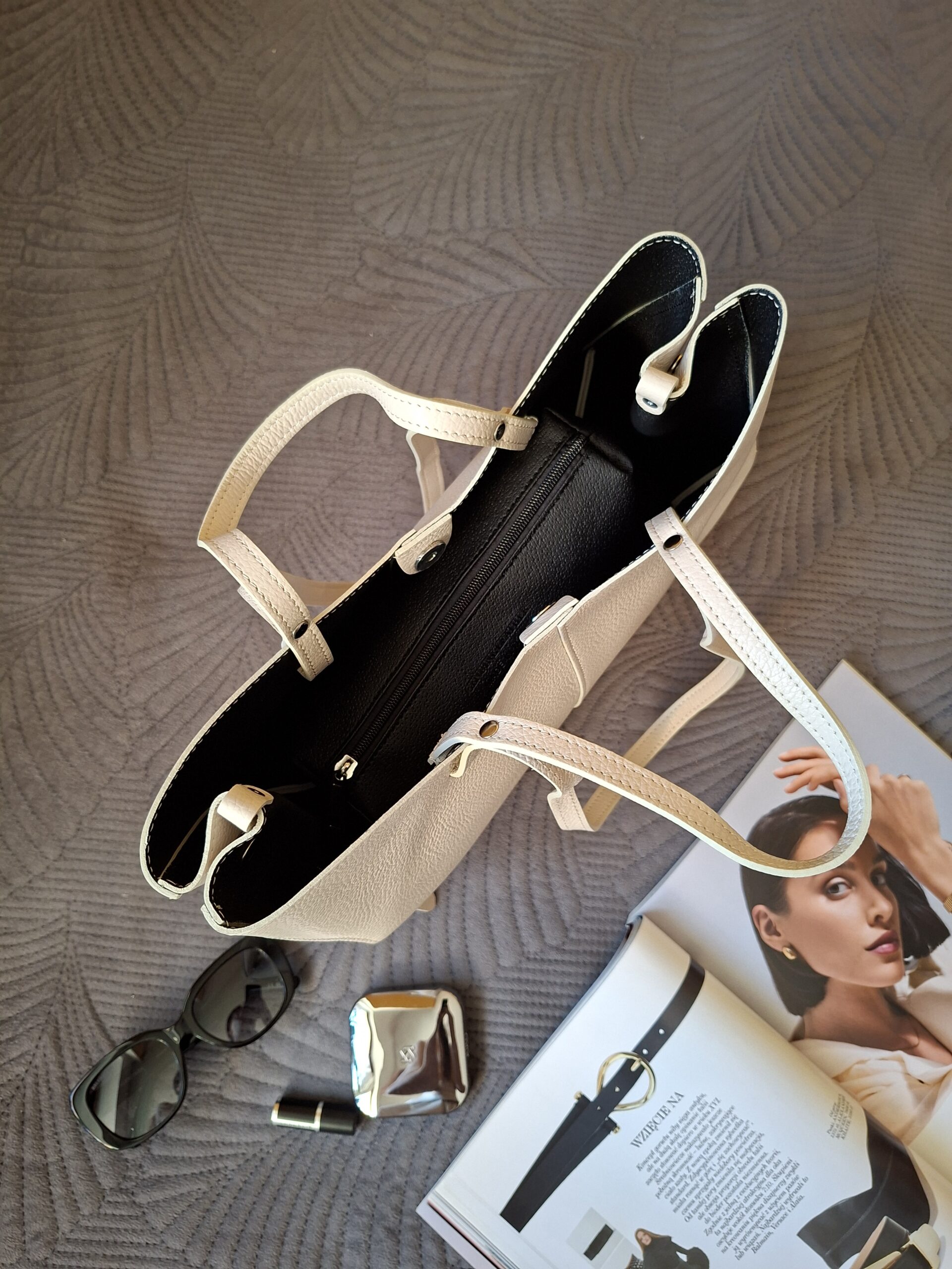 Torebka damska shopper Polli Snap Midi skórzana - ecru (kremowa) - obrazek 7