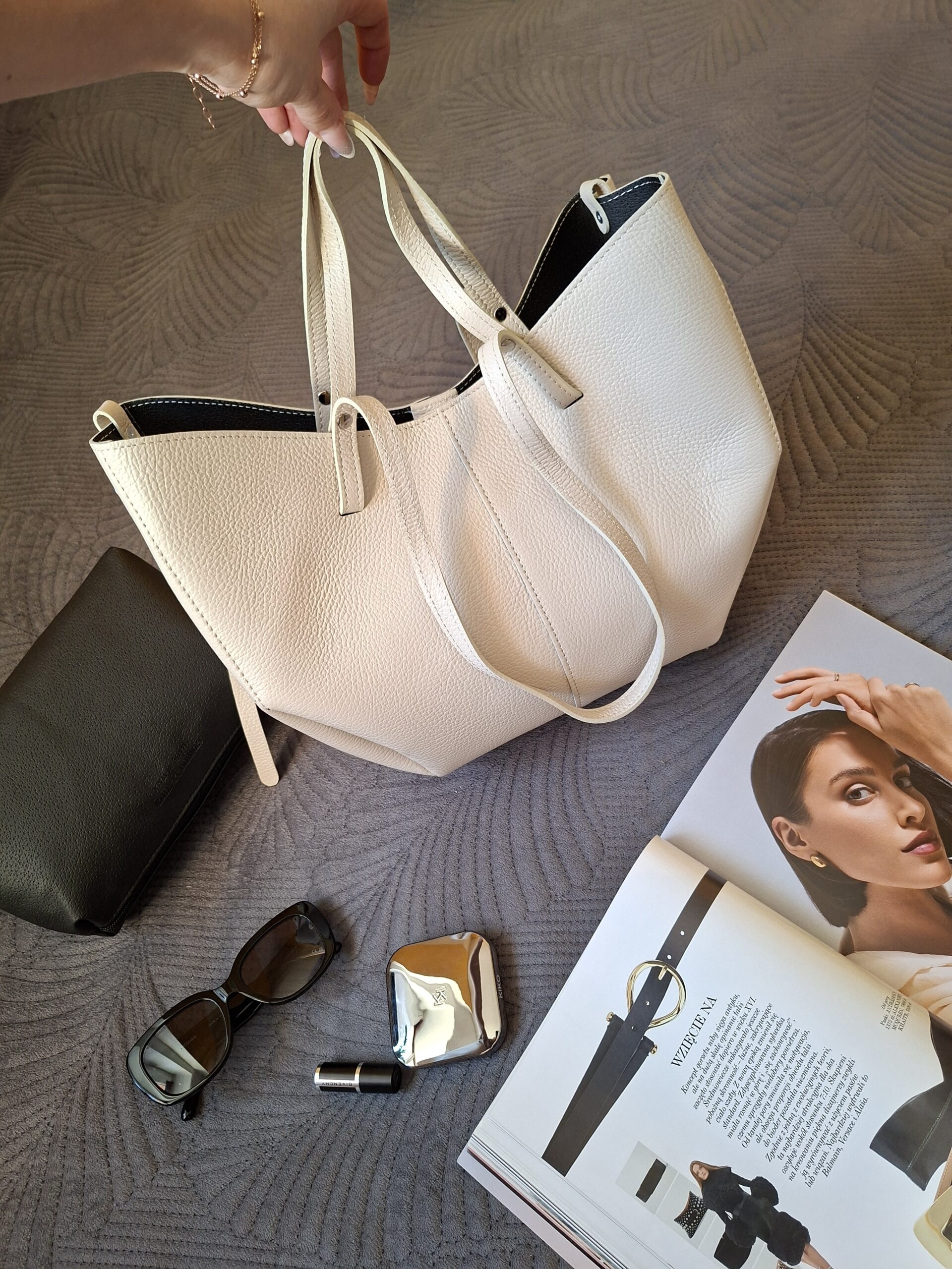 Torebka damska shopper Polli Snap Midi skórzana - ecru (kremowa) - obrazek 9