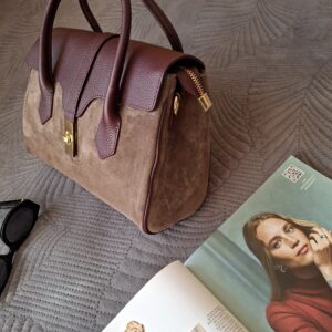 Torebka damska Selina Mix, kombinacja naturalnego zamszu i skóry – taupe/burgund